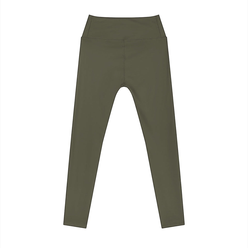 Anointed Garments high-waisted olive green athletic leggings made from moisture-wicking, four-way stretch fabric.