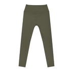 Anointed Garments high-waisted olive green athletic leggings made from moisture-wicking, four-way stretch fabric.
