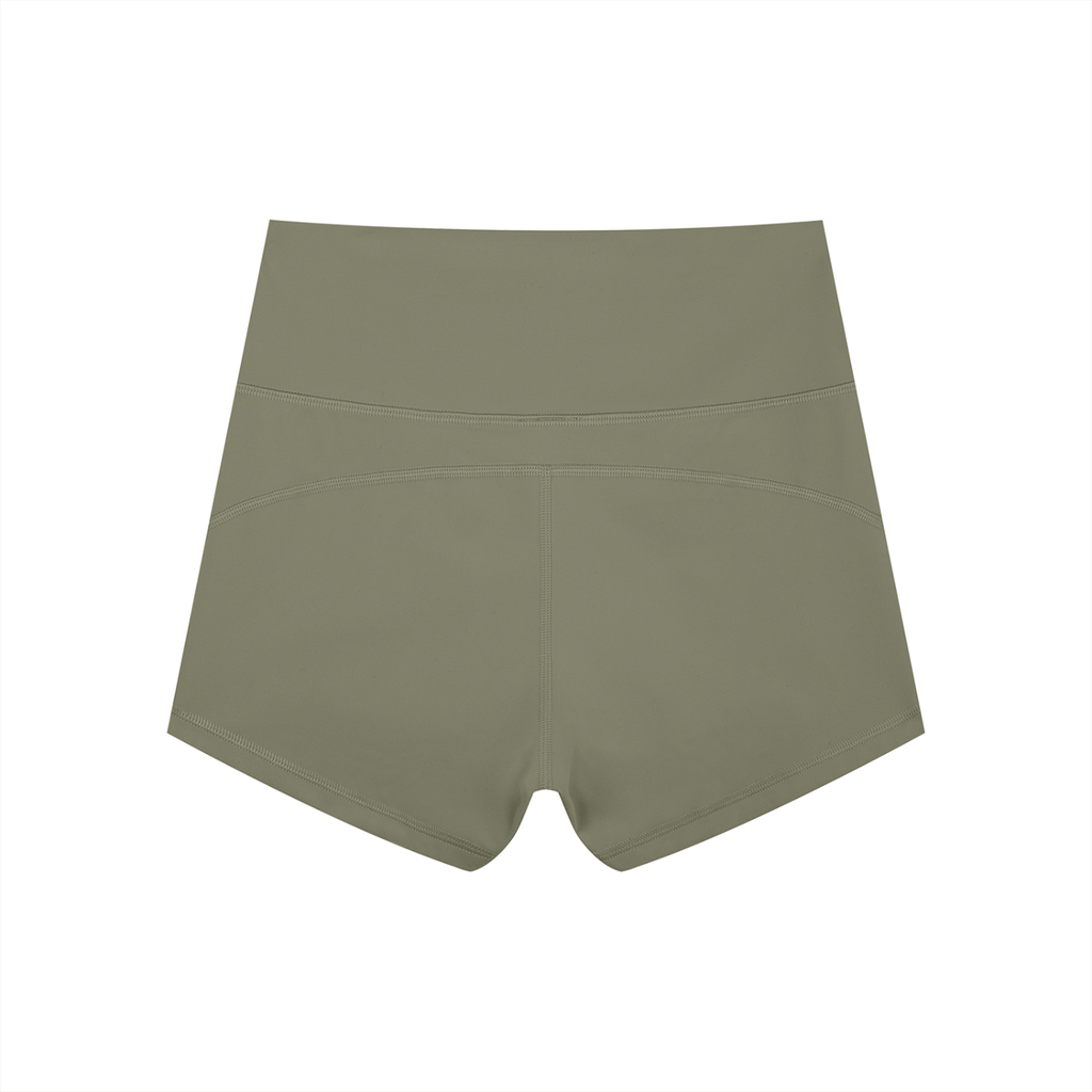 Anointed Garments high-waisted athletic performance yoga shorts in olive green moisture-wicking nylon spandex fabric.