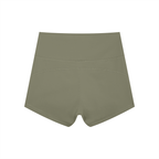 Anointed Garments high-waisted athletic performance yoga shorts in olive green moisture-wicking nylon spandex fabric.