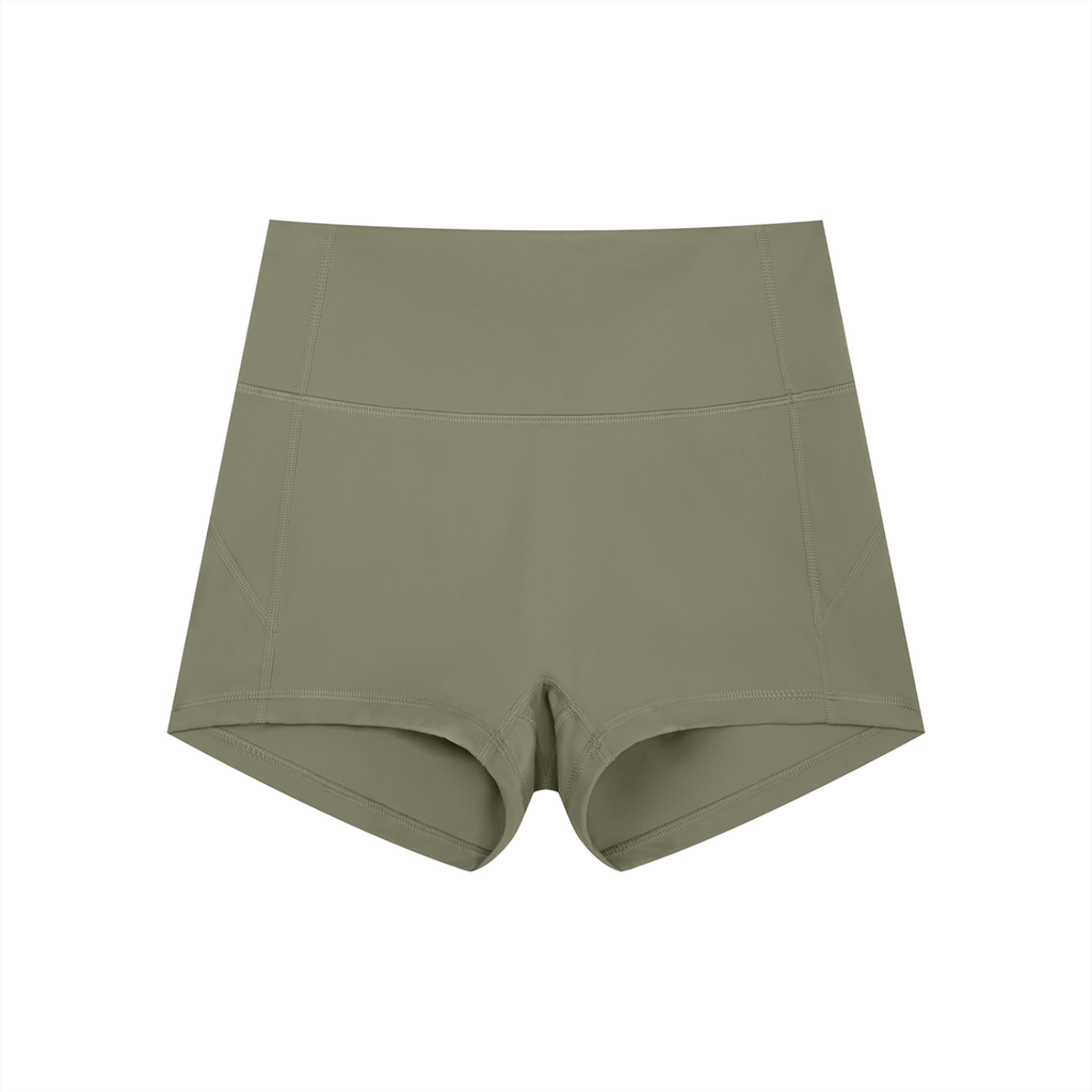 Anointed Garments high-waisted olive green athletic yoga shorts in moisture-wicking nylon spandex fabric.