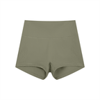 Anointed Garments high-waisted olive green athletic yoga shorts in moisture-wicking nylon spandex fabric.