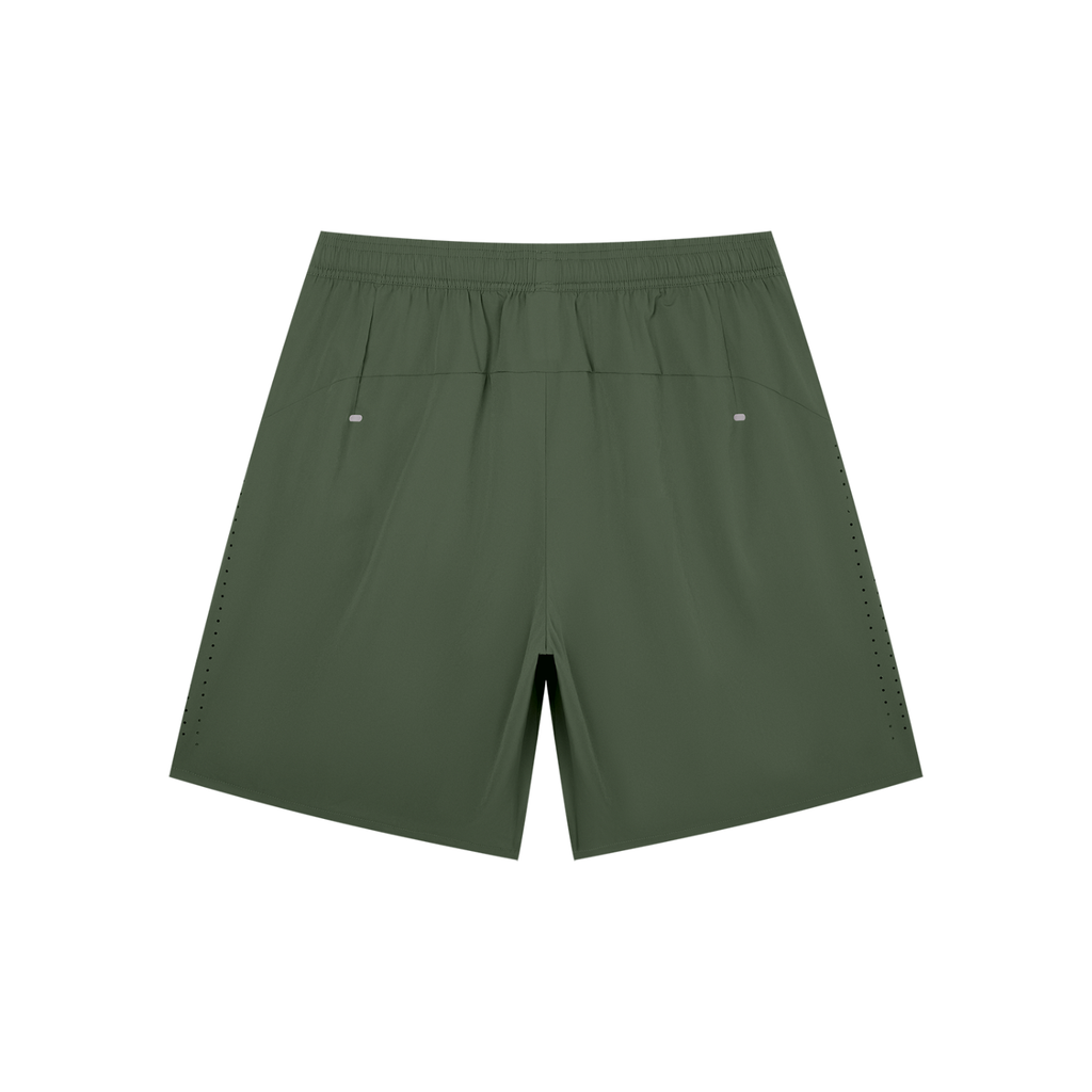 Anointed Garments olive green lightweight athletic nylon shorts with an elastic waistband and straight hem.