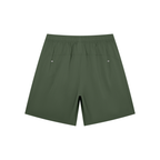 Anointed Garments olive green lightweight athletic nylon shorts with an elastic waistband and straight hem.