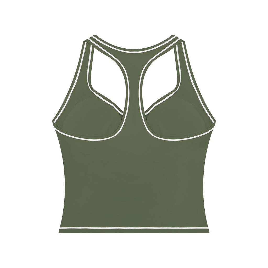Anointed Garments olive green racerback performance tank top with white contrast piping and moisture-wicking fabric.