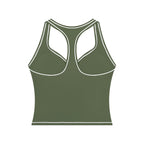 Anointed Garments olive green racerback performance tank top with white contrast piping and moisture-wicking fabric.