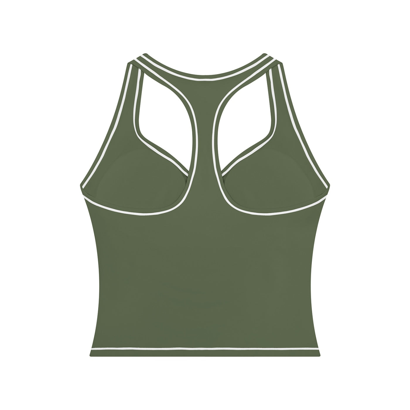 Anointed Garments olive green racerback performance tank top with white contrast piping and moisture-wicking fabric.