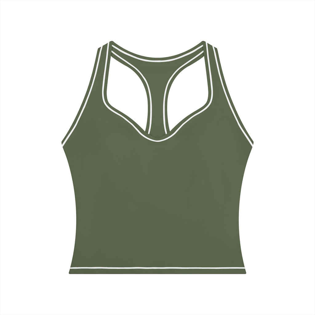 Anointed Garments olive green racerback performance tank top with white contrast piping for yoga and gym workouts.