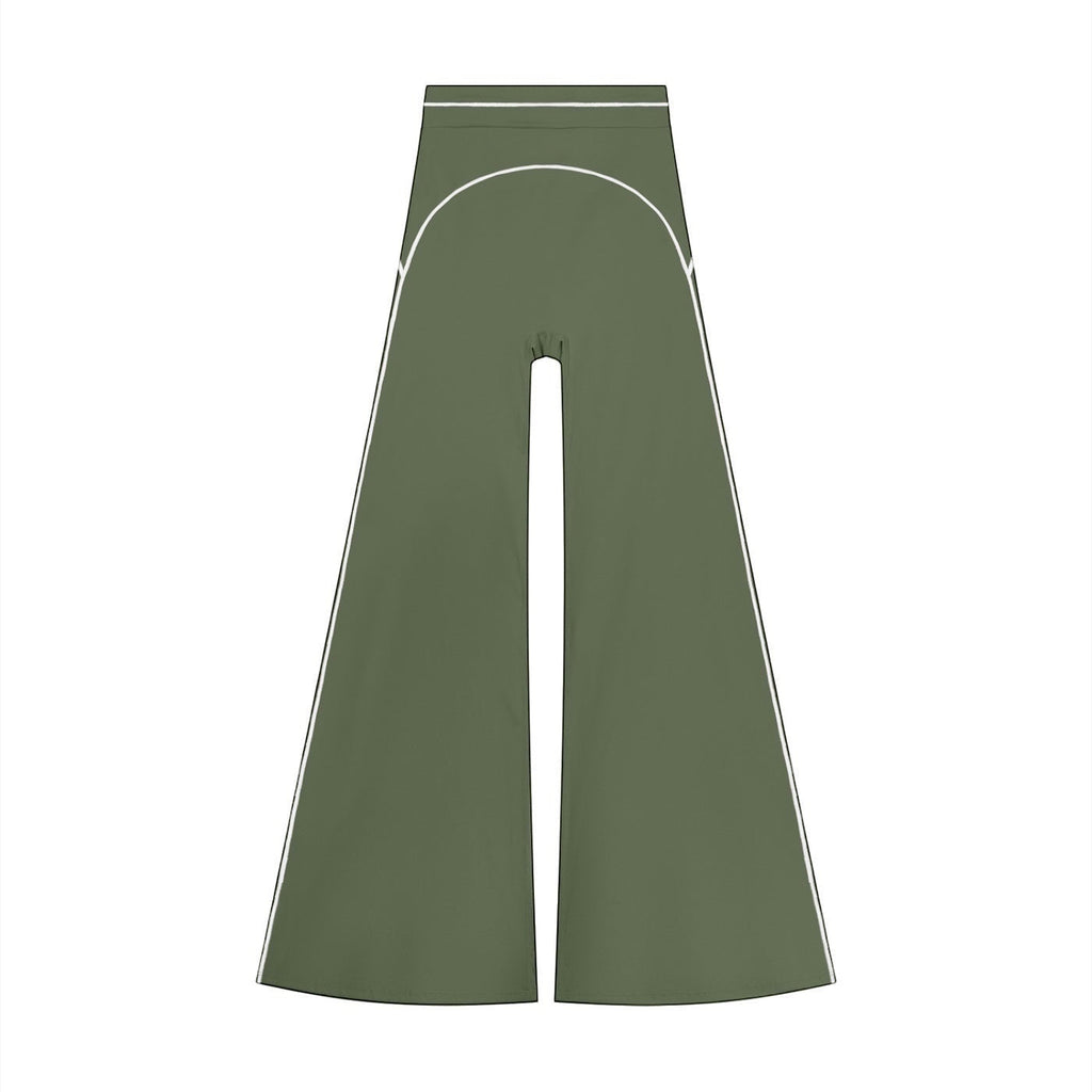 Anointed Garments olive green high-waisted wide-leg trousers with white contrast piping detail.