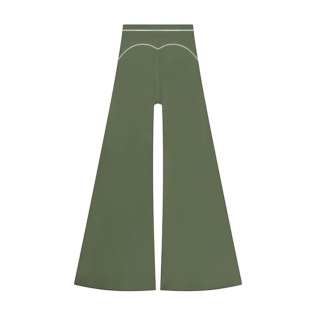 Anointed Garments olive green high-waisted wide-leg trousers with white contrast piping detail on the back.