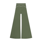 Anointed Garments olive green high-waisted wide-leg trousers with white contrast piping detail on the back.