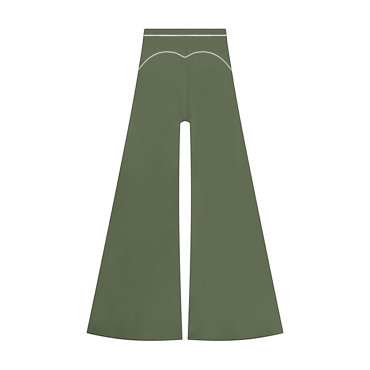 Anointed Garments olive green high-waisted wide-leg trousers with white contrast piping detail on the back.