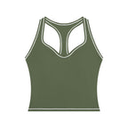Anointed Garments olive green yoga tank top with white topstitching, U-neck, and racerback design.