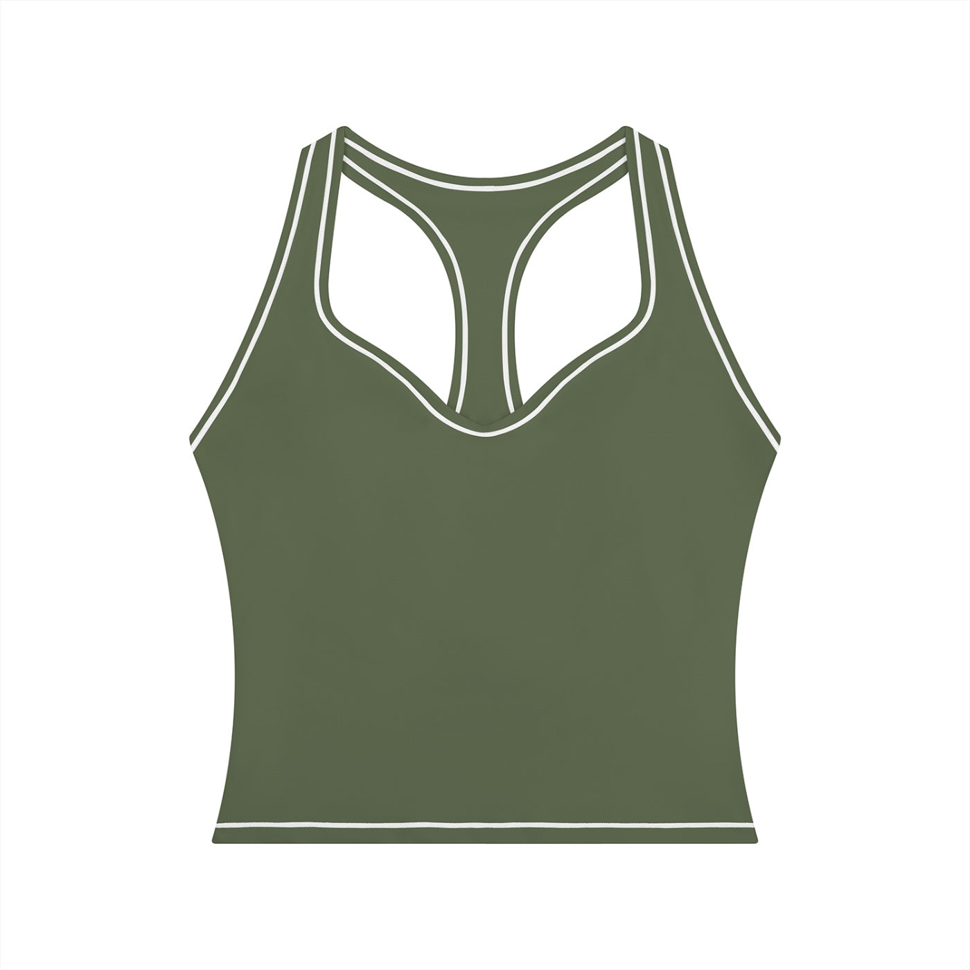 Anointed Garments olive green yoga tank top with white topstitching, U-neck, and racerback design.