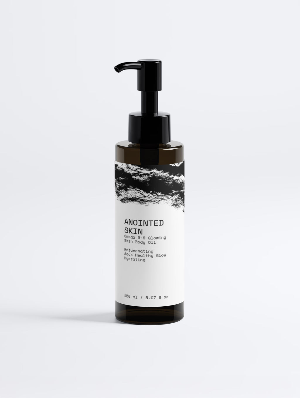 Anointed Garments Anointed Skin Omega 6-9 Glowing Skin Body Oil in a dark amber bottle with a black pump dispenser.