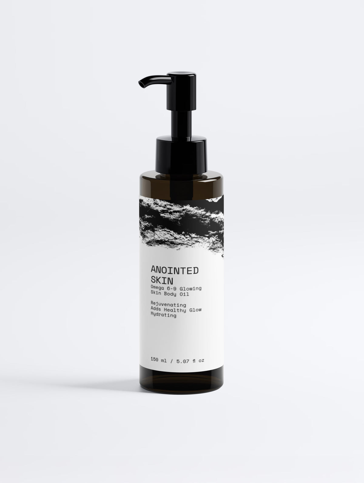 Anointed Garments Anointed Skin Omega 6-9 Glowing Skin Body Oil in a dark amber bottle with a black pump dispenser.
