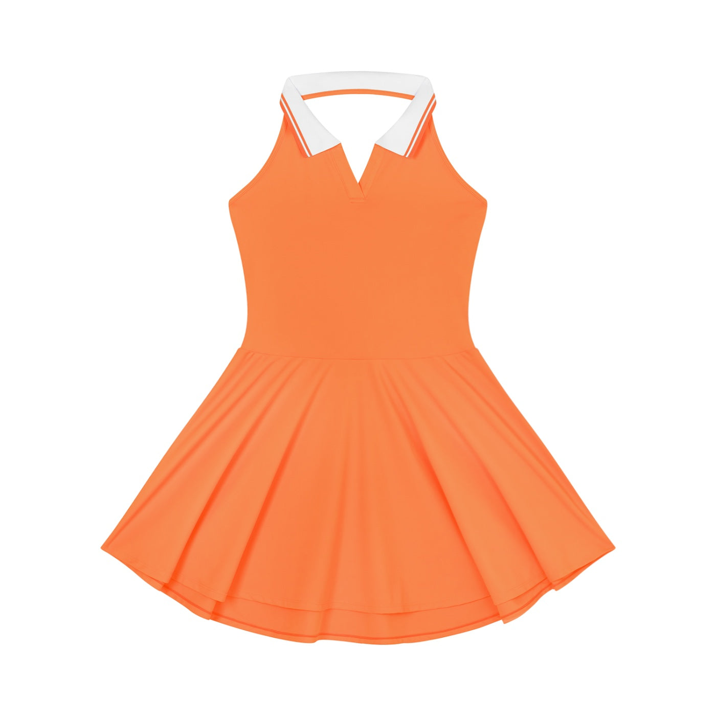 Anointed Garments sleeveless orange tennis dress with a white collared neckline and a flared skirt for athletic wear.