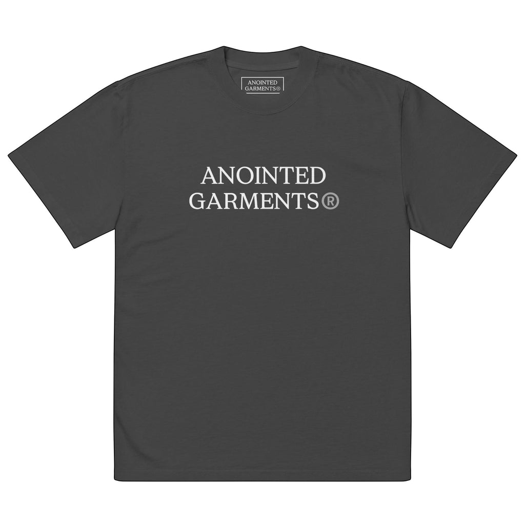 Anointed Garments oversized faded charcoal grey cotton t-shirt with white brand logo print and dropped shoulders.