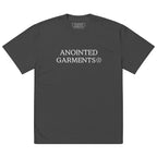 Anointed Garments oversized faded charcoal grey cotton t-shirt with white brand logo print and dropped shoulders.