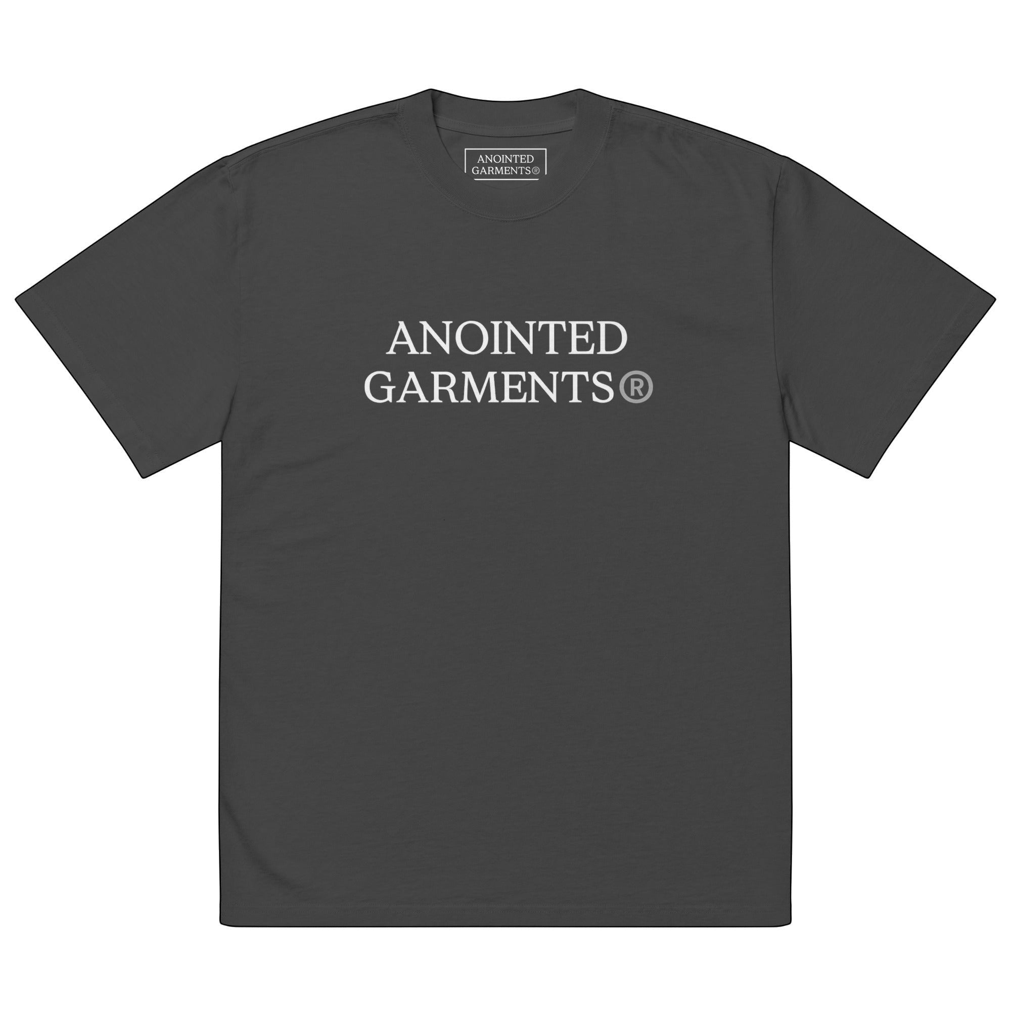 Anointed Garments oversized faded charcoal grey cotton t-shirt with white brand logo print and dropped shoulders.