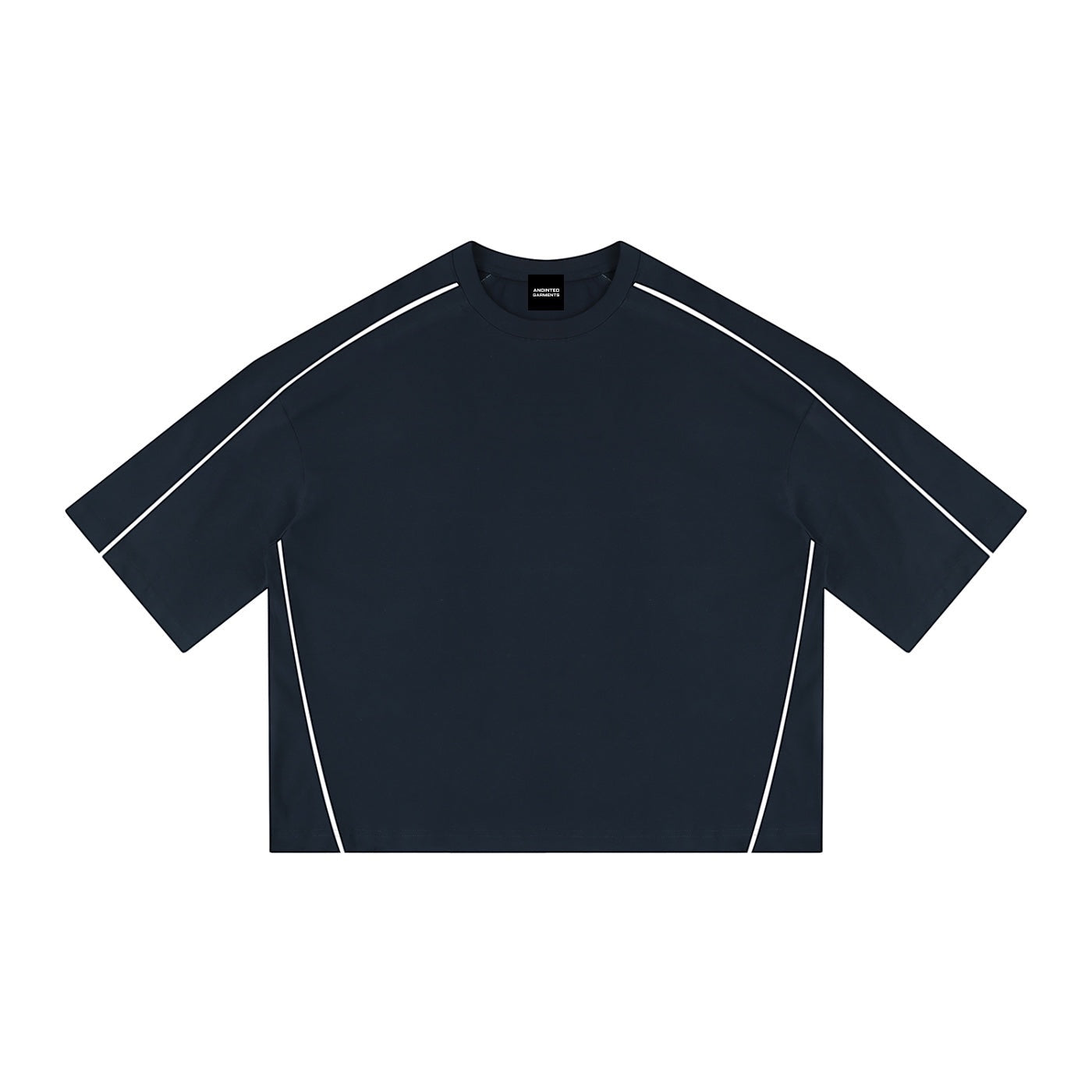 Anointed Garments oversized navy blue cotton t-shirt with white piping details on shoulders and sides.
