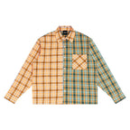 Anointed Garments unisex oversized long-sleeve shirt featuring a yellow and green color-block plaid pattern.