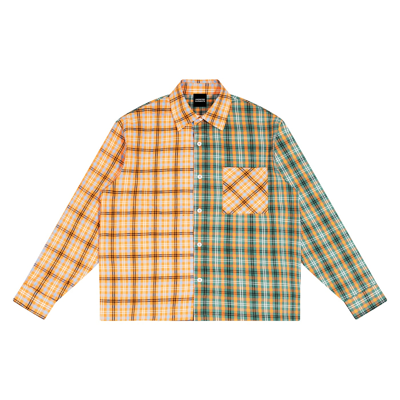 Anointed Garments unisex oversized long-sleeve shirt featuring a yellow and green color-block plaid pattern.