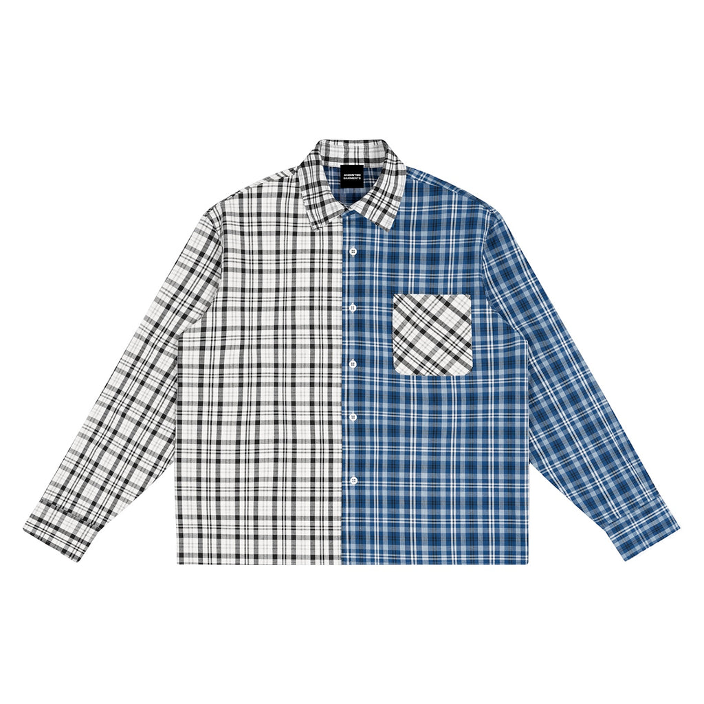 Anointed Garments unisex oversized long-sleeve shirt featuring a blue and white plaid color block patchwork design.