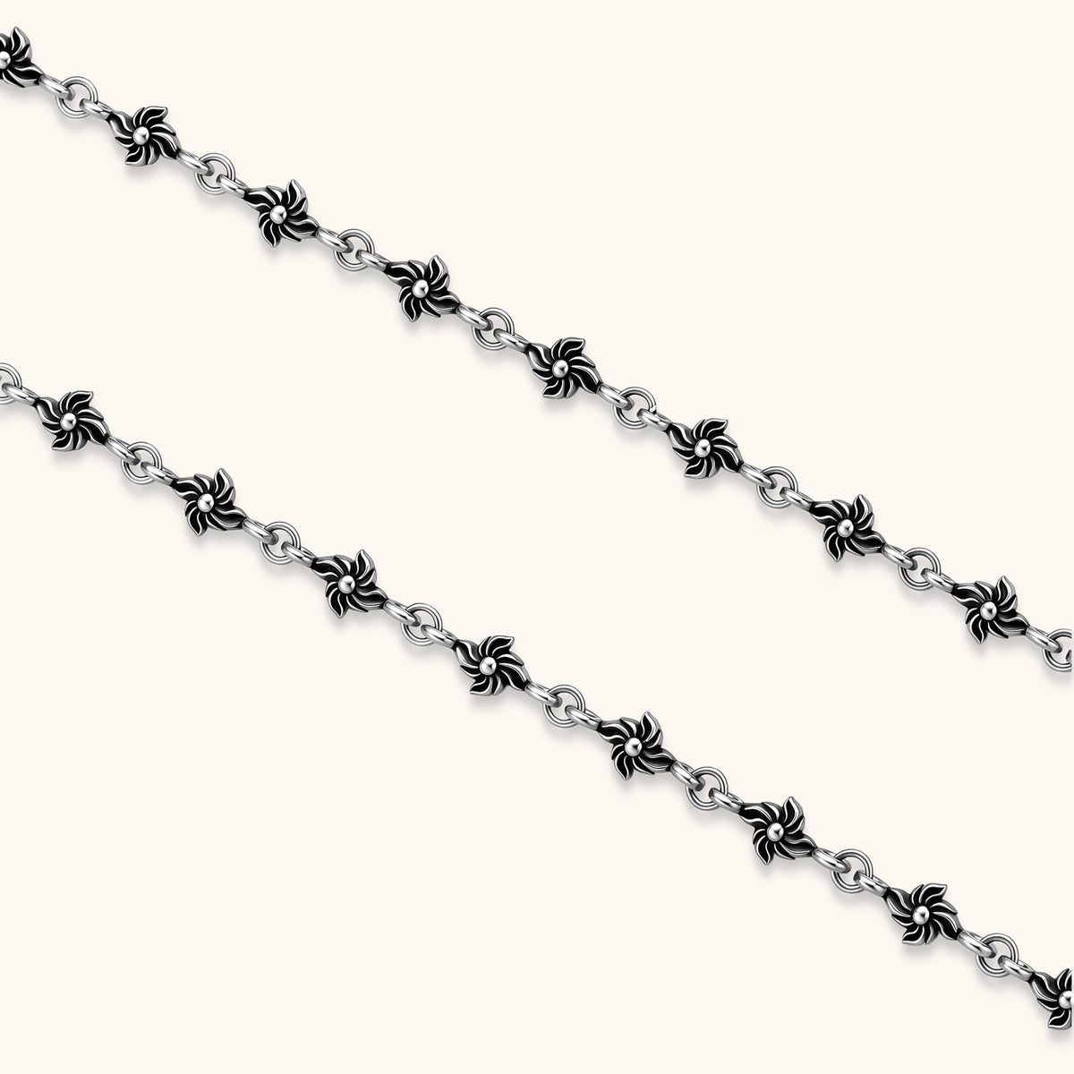 Anointed Garments sterling silver necklace chain with intricate oxidized floral links in a gothic style.