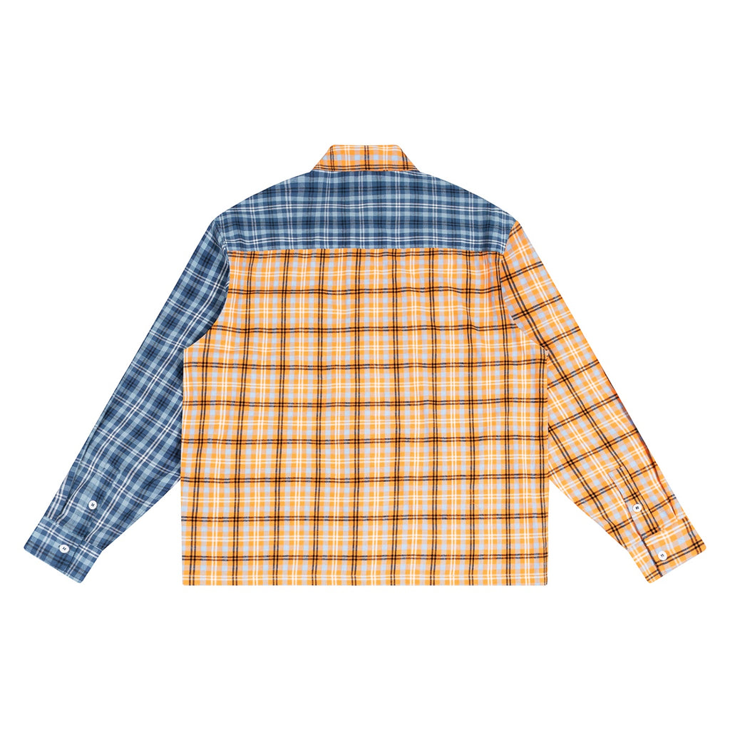 Back view of Anointed Garments unisex long-sleeve button-down shirt featuring a patchwork blue and orange plaid design.