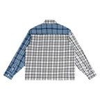 Back view of an Anointed Garments long-sleeve button-down shirt featuring a patchwork of blue and white plaid patterns.