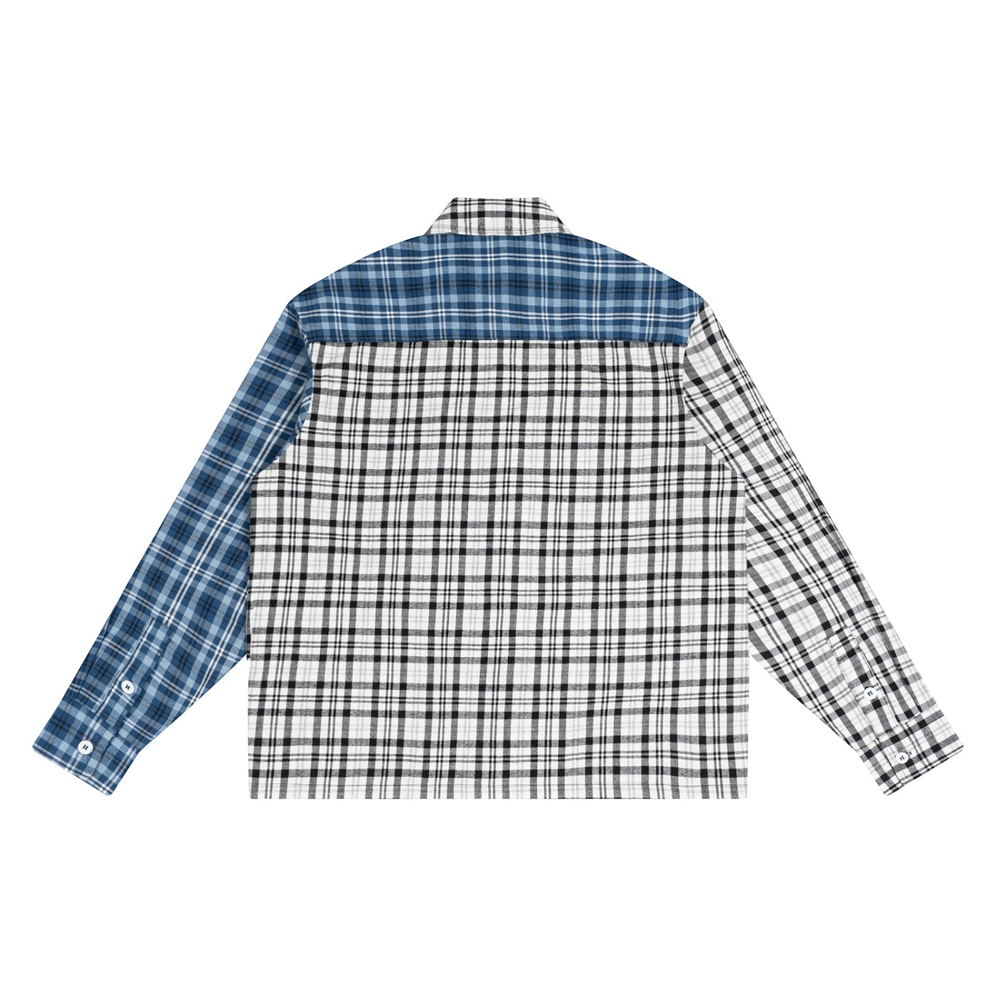 Back view of an Anointed Garments long-sleeve button-down shirt featuring a patchwork of blue and white plaid patterns.