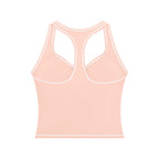 Anointed Garments peach racerback performance tank top with white contrast piping and built-in support for workouts.