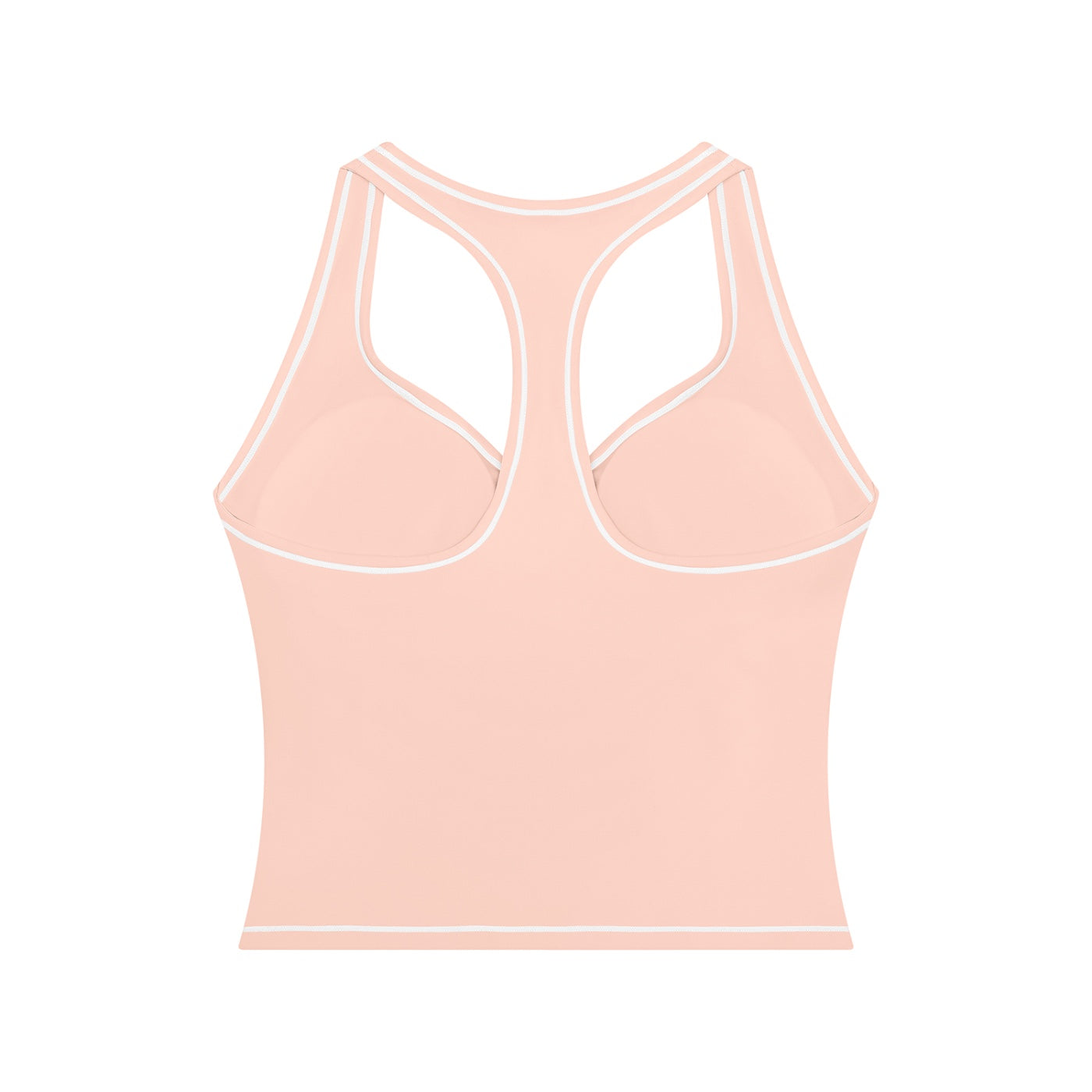 Anointed Garments peach racerback performance tank top with white contrast piping and built-in support for workouts.
