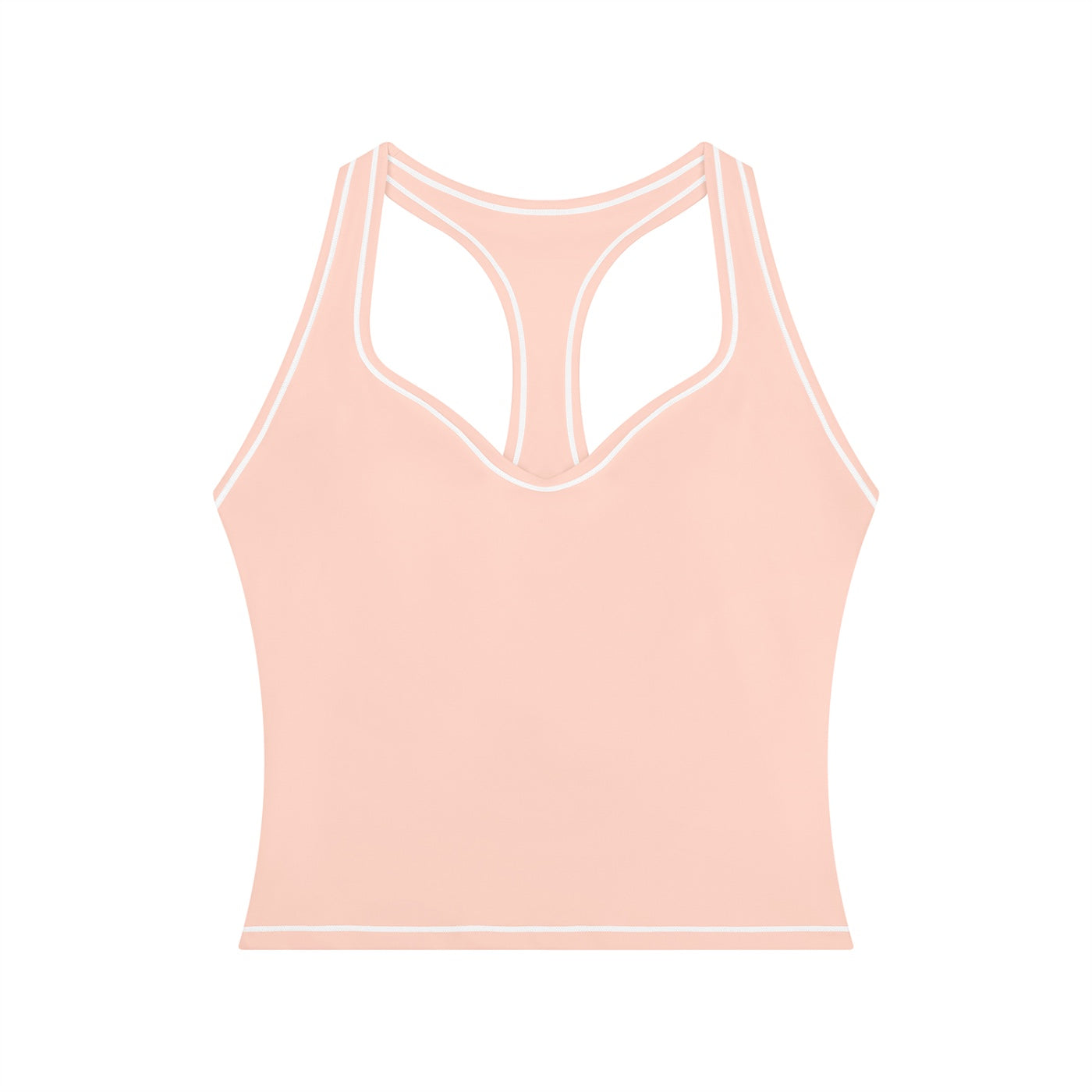 Anointed Garments peach racerback performance tank top with white contrast piping for gym and yoga workouts.