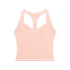 Anointed Garments women's peach yoga tank top with white topstitching, U-neck, and racerback design.
