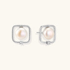Anointed Garments Pearl Halo Studs featuring round freshwater pearls in architectural square rhodium-plated silver.