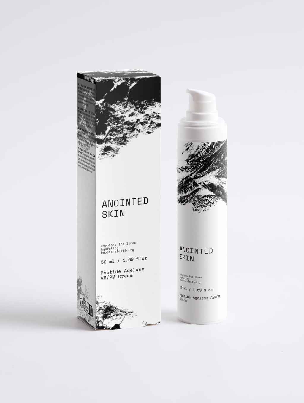 Anointed Garments Anointed Skin Peptide Ageless AM/PM Cream bottle and box with black and white abstract design