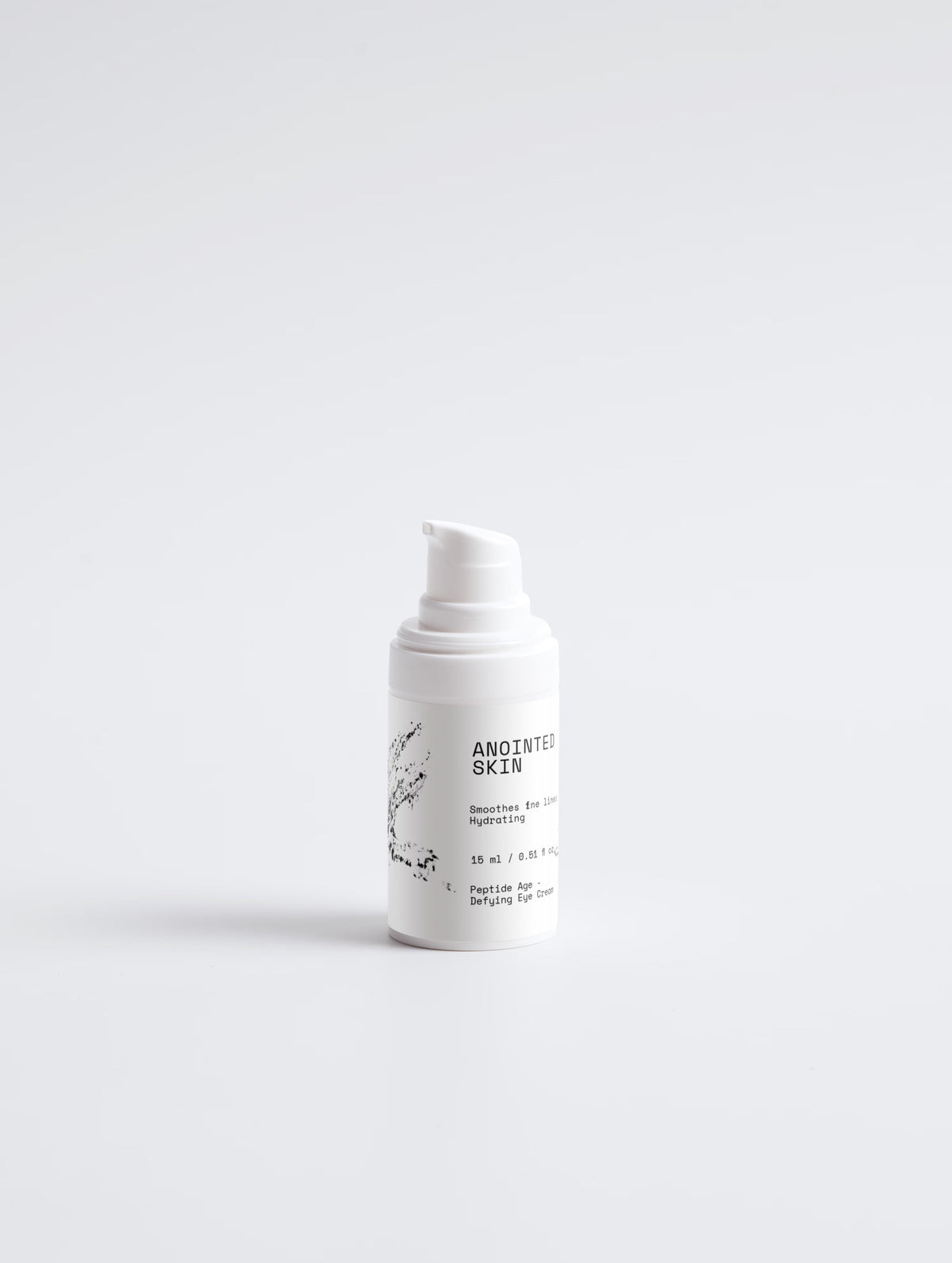 Anointed Garments Anointed Skin Peptide Age Defying Eye Cream in a white pump bottle on a clean white background.