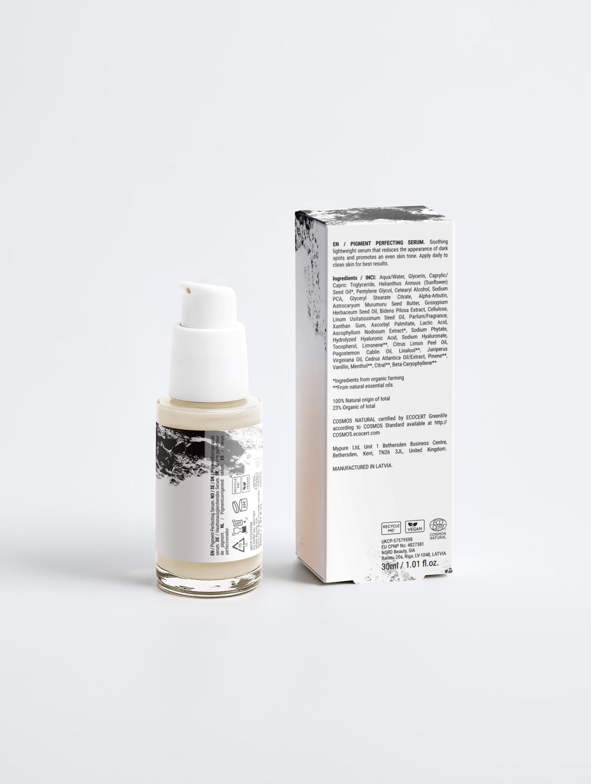 Anointed Garments Pigment Perfecting Serum bottle and its white cardboard packaging box on a plain background.