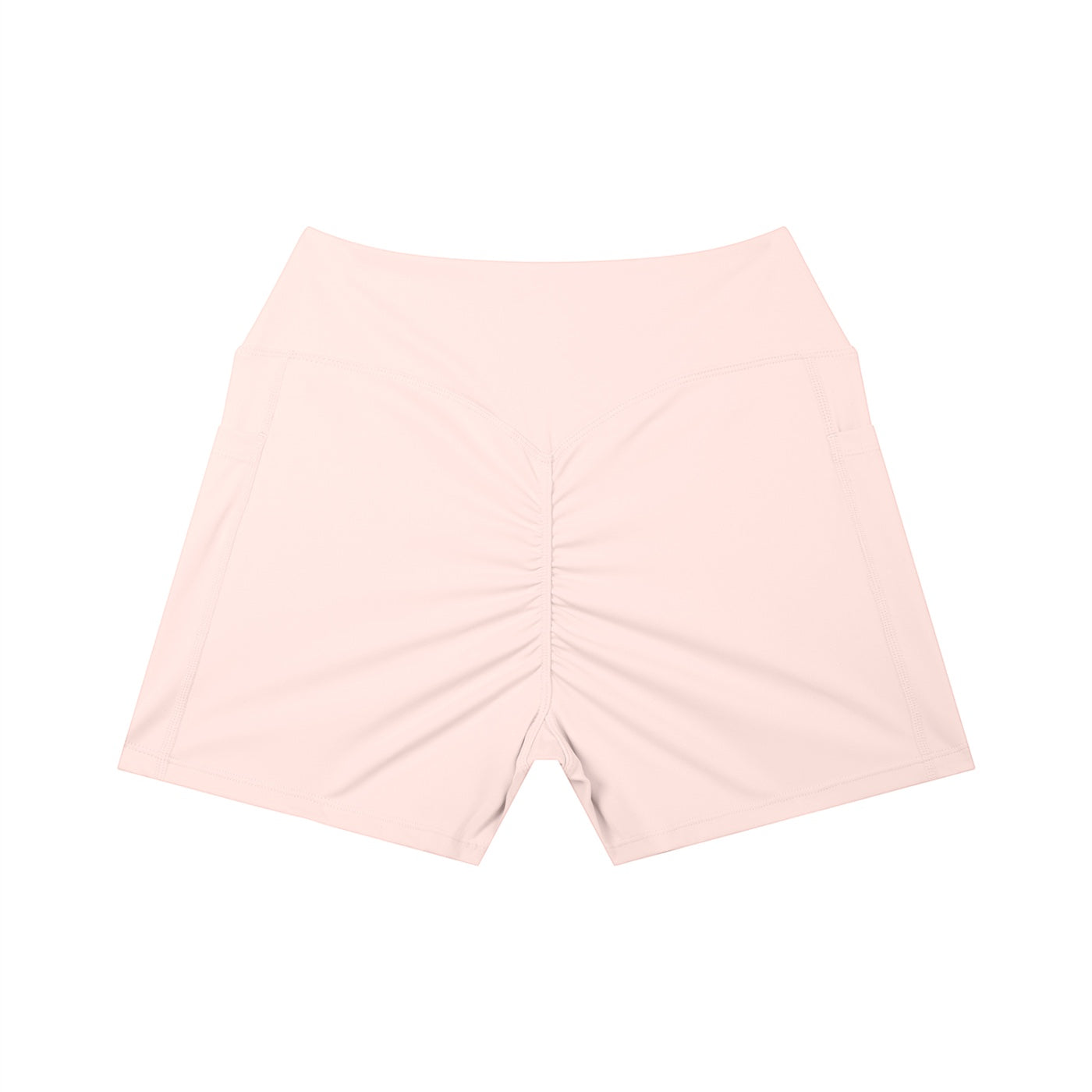 Anointed Garments light pink high-waisted athletic shorts with a ruched back and side pockets.