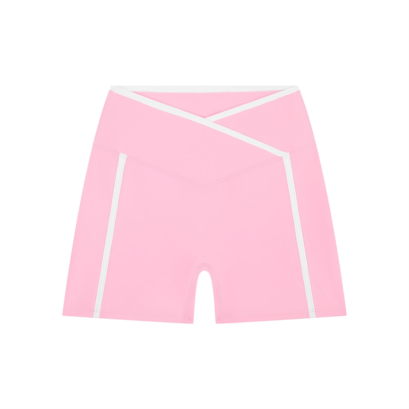 Anointed Garments pink athletic performance shorts with a high-rise crossover waistband and white side piping.