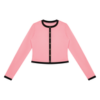 Anointed Garments pink and black color block slim-fit cropped track jacket with a crew neck and button-front closure.