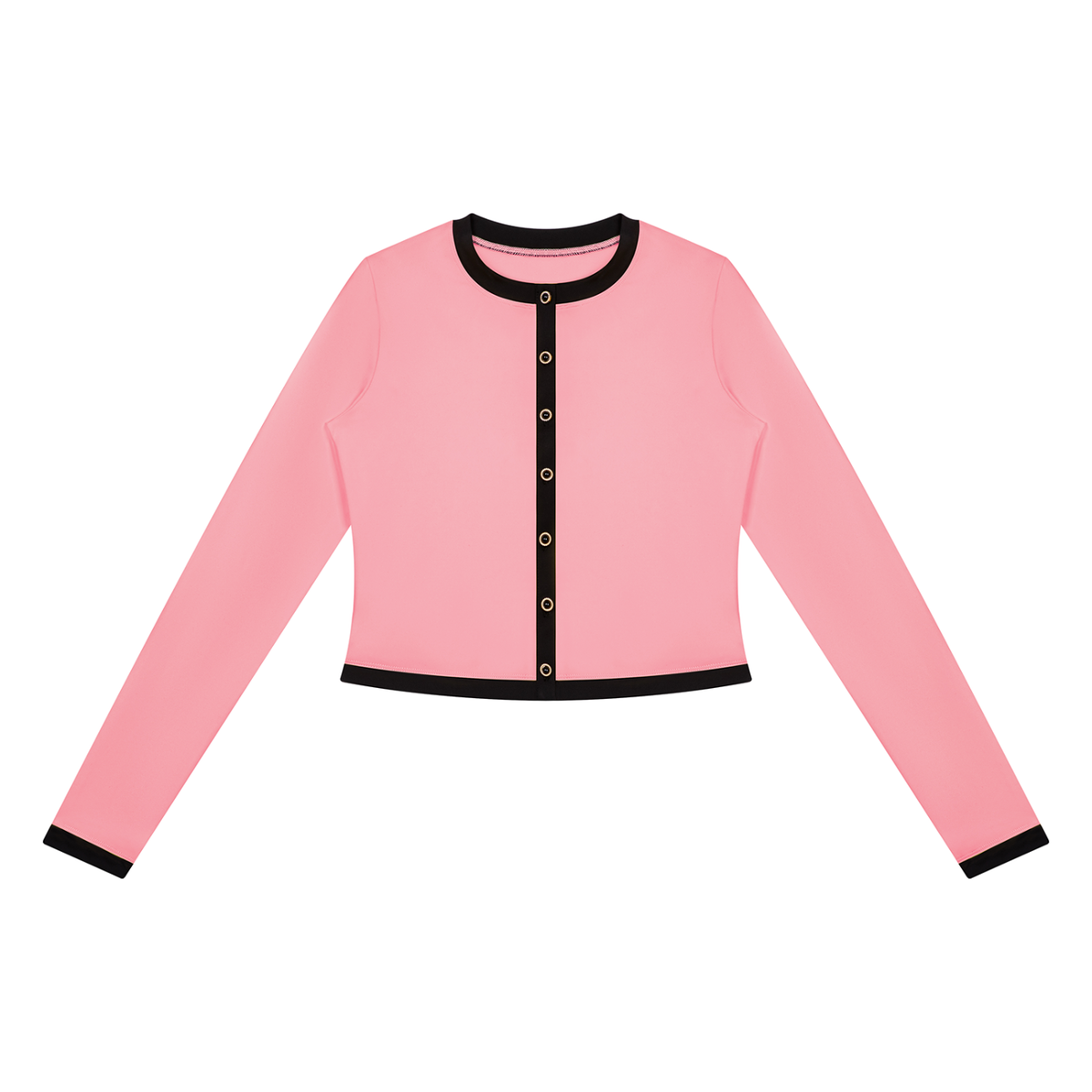 Anointed Garments pink and black color block slim-fit cropped track jacket with a crew neck and button-front closure.