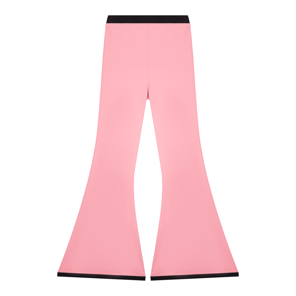 Anointed Garments pink high-rise flared leggings with black waistband and hem detailing in a polyester-elastane blend.