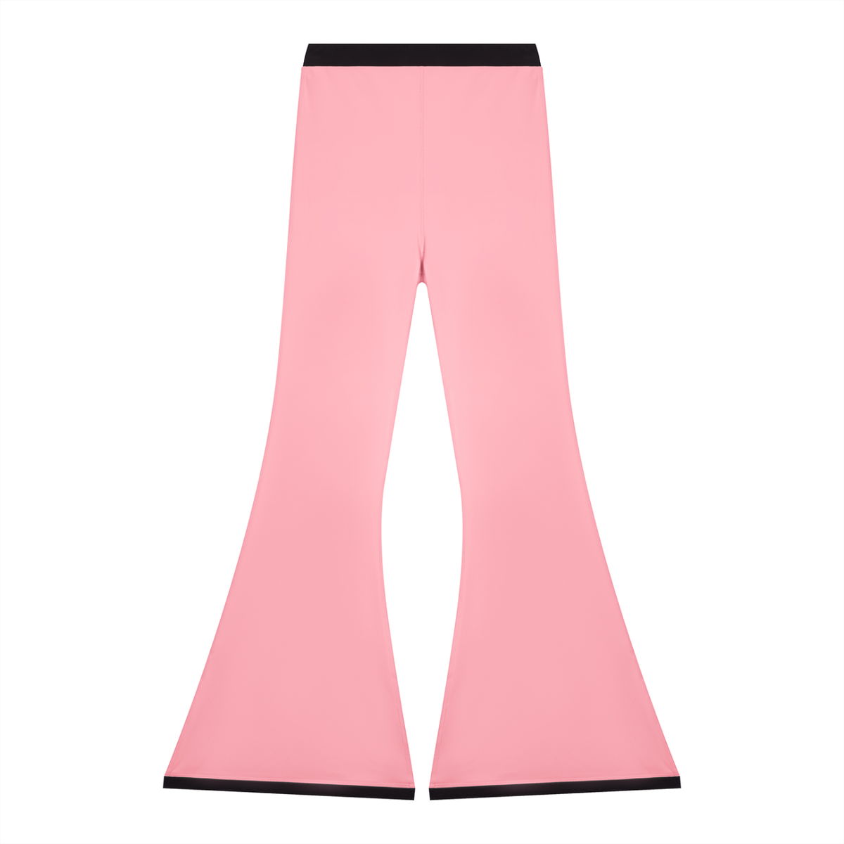 Anointed Garments pink high-rise flared leggings with black waistband and hem detailing in a polyester-elastane blend.