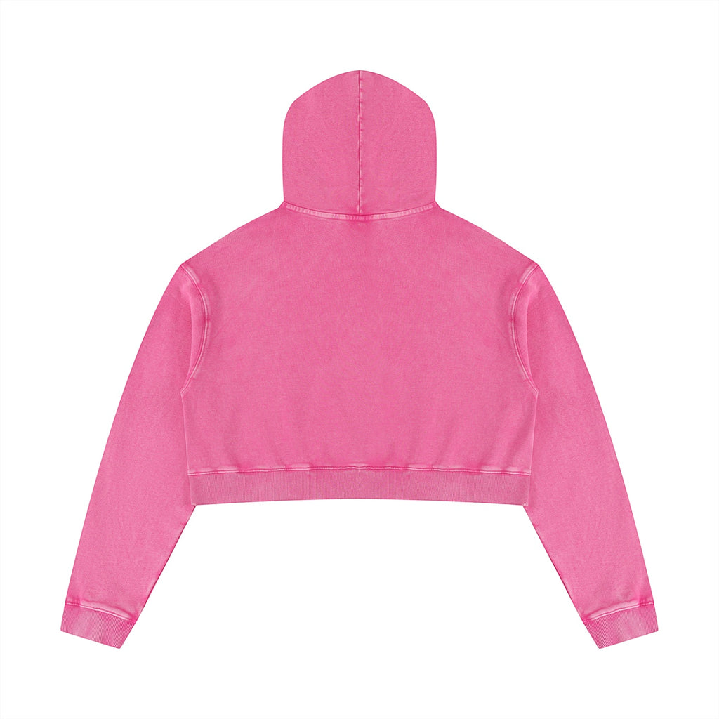 Anointed Garments pink cropped pullover hoodie with a vintage mineral wash finish and long sleeves, back view.