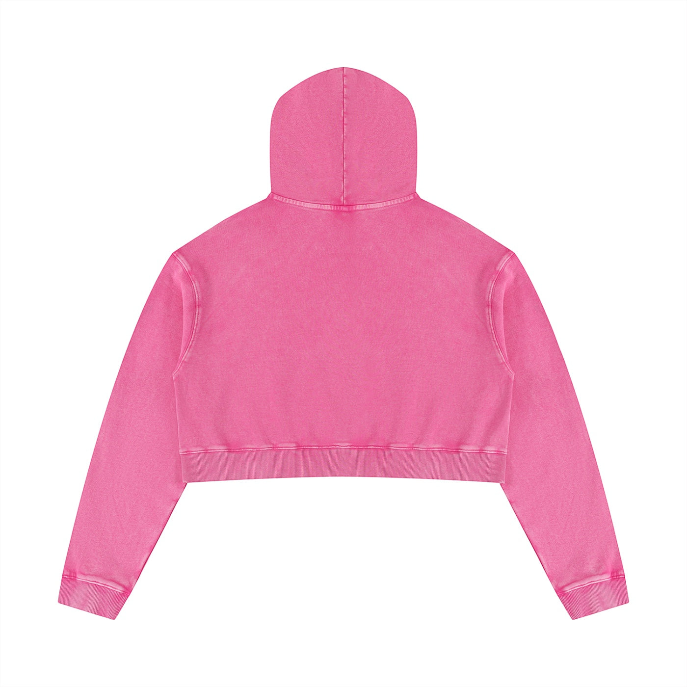 Anointed Garments pink cropped pullover hoodie with a vintage mineral wash finish and long sleeves, back view.