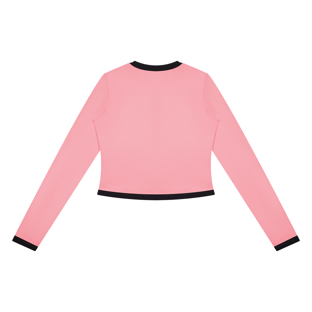 Anointed Garments slim-fit cropped track jacket in pink polyester-elastane with black crewneck and hem trim.