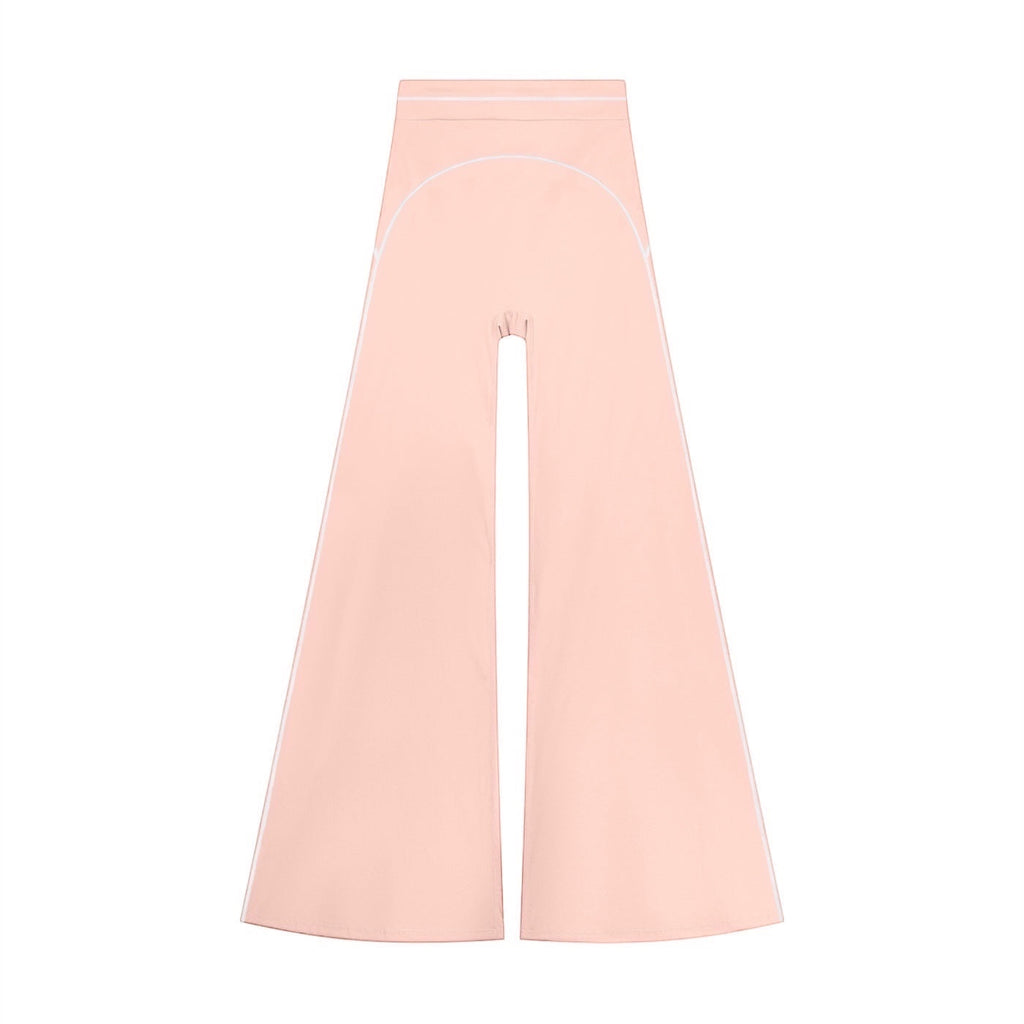 Anointed Garments light pink high-rise flared yoga pants with white piping detail in a soft polyamide blend fabric.